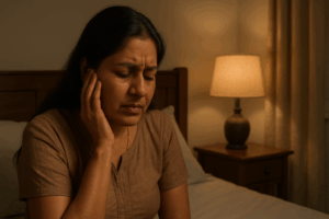 Middle-aged Indian woman holding her head at night, experiencing tinnitus symptoms in a quiet room