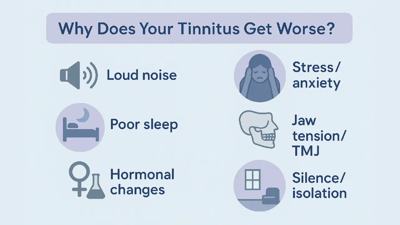 Infographic showing triggers that worsen tinnitus: noise, stress, poor sleep, TMJ, hormonal changes, and silence.
