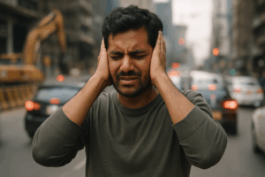 Person overwhelmed by loud urban noise, a trigger that worsens tinnitus.