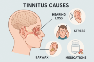 Illustration showing common causes of tinnitus like hearing loss, wax, stress, and ototoxic medications