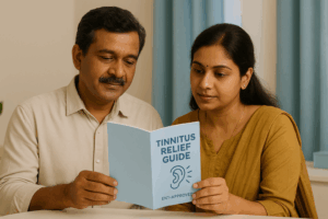 Patients reading ENT approved tinnitus guide for understanding symptoms, treatment and relief