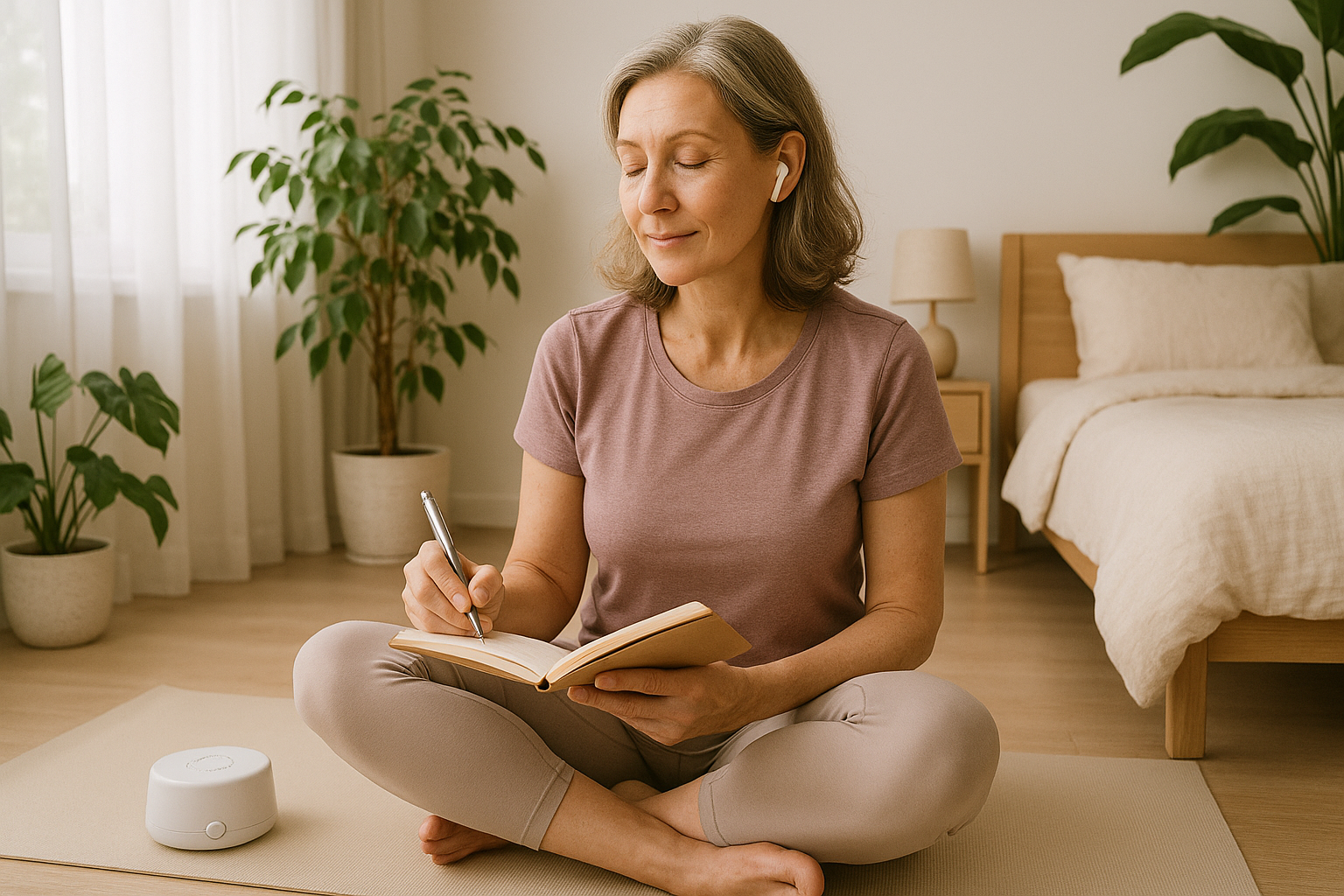 Woman practicing yoga in the morning with water, journal, and white noise earbuds for tinnitus relief
