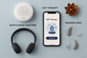 ENT-approved tinnitus relief tools like white noise machine, CBT app, and hearing aids for sound therapy