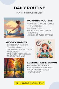 Infographic showing morning, midday, evening, night tinnitus relief tips