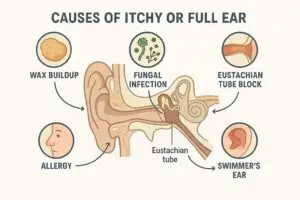 ENT illustration showing common causes of itchy or full ears during rainy season