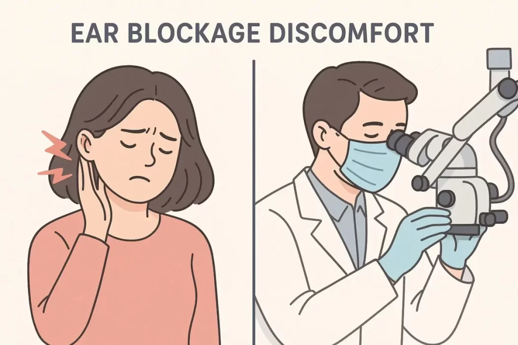 illustration of blocked ear and ENT specialist examining under microscope