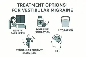 infographic showing vestibular migraine treatment medicines, life style and VRT