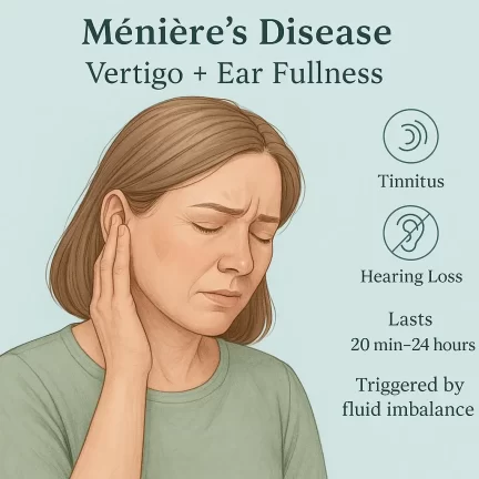 Ménière’s Disease symptoms infographic: vertigo, tinnitus, ear fullness, fluctuating hearing loss