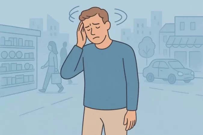 Illustration of a person experiencing persistent dizziness (PPPD) in a visually complex environment