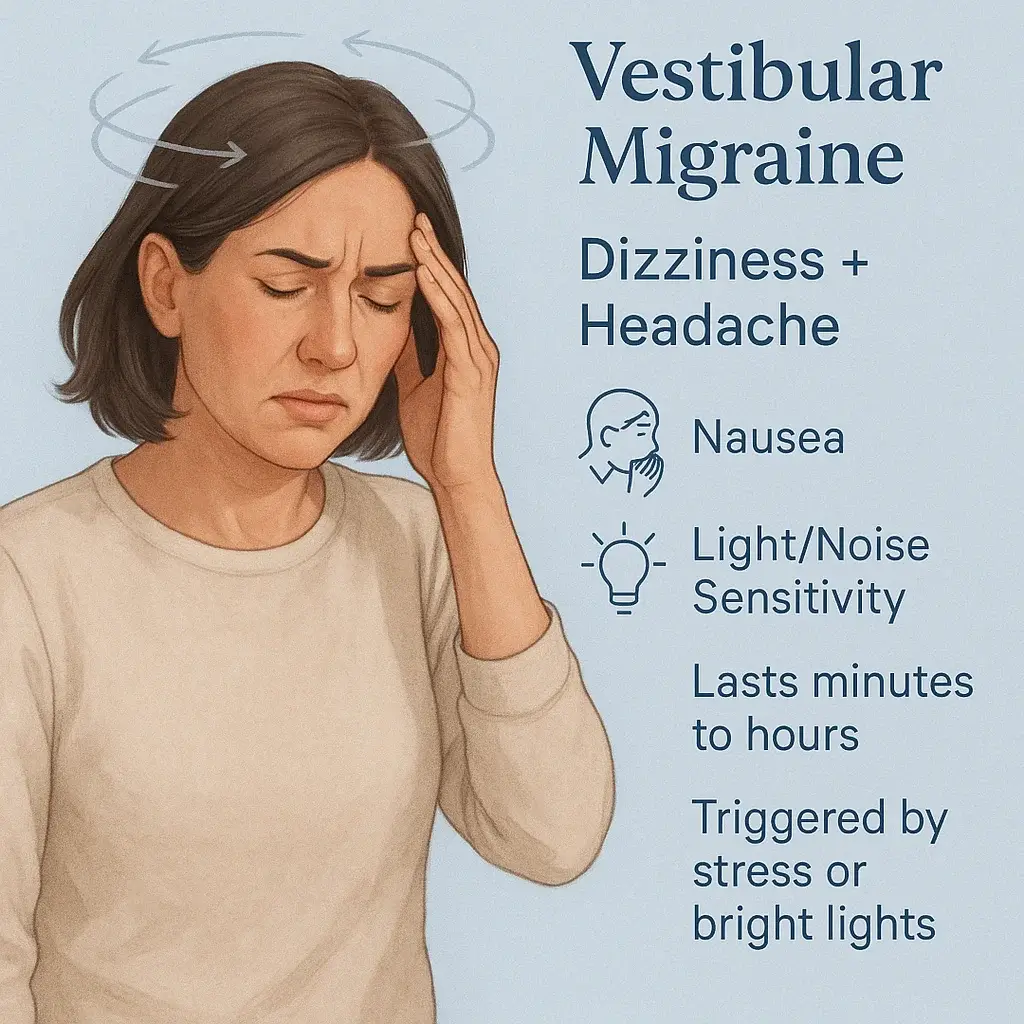 Vestibular Migraine symptoms illustration: dizziness, headache, light and sound sensitivity