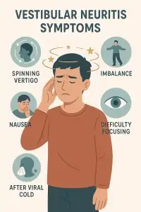 Illustration showing a person experiencing spinning sensation, imbalance, and dizziness caused by vestibular neuritis.