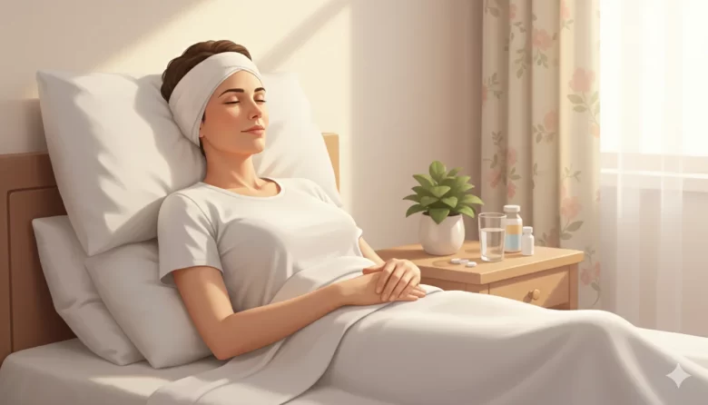 patient with mastoid dressing on the ear showing recovery after ear surgery