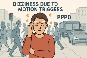 person with PPPD showing dizziness triggers like crowd, noise