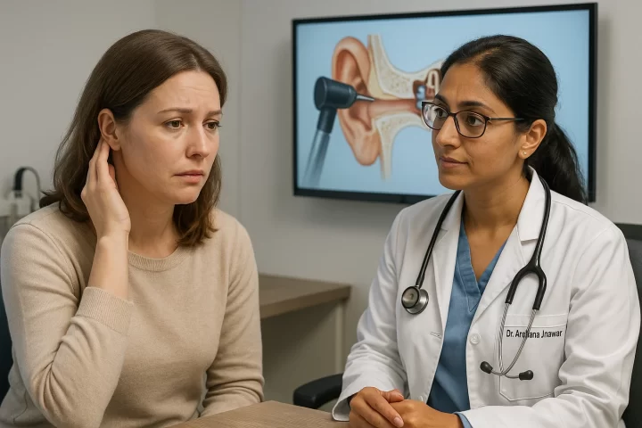 Adult woman consulting ENT specialist for recurrent ear infections in a ENT clinic