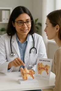 ENT specialist explaining ear infection prevention and treatment options to a patient in clinic