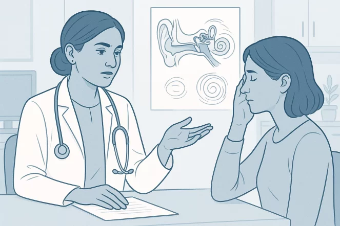 ENT vertigo specialist Dr Archana Jhawar explaining vertigo diagnosis to patient in Navi Mumbai clinic