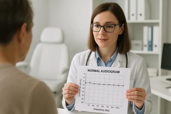 ENT doctor explaining post-op audiometry results.