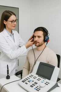 Audiologist performing pure tone audiometry for a pre-operative hearing test