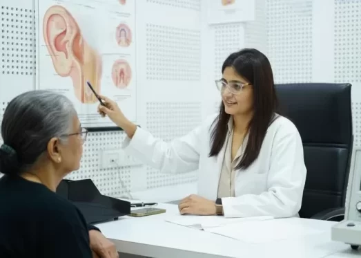 ENT Dr Archana Jhawar explaining hearing test results before ear surgery