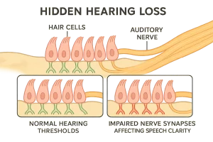 Hidden hearing loss: nerve synapse damage diagram