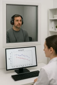 audiologist performing hearing test - audiometry for sudden hearing loss.