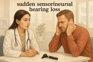 ENT specialist explaining to a patient about sudden hearing loss treatment.