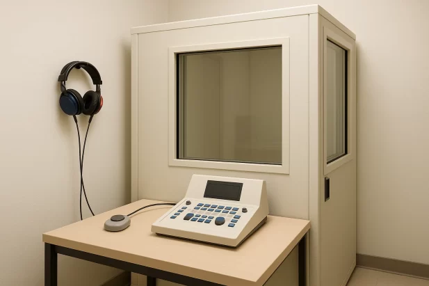 audiometry testing setup with headphones for hearing aid recommendation