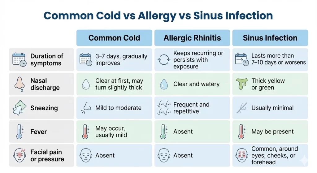 Difference between cold, allergy, and sinus infection symptoms in winter