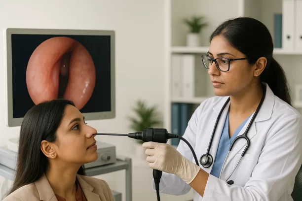 ENT specialist examining nasal cavity with endoscope in a patient with daily nasal allergy triggers