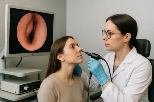 ENT specialist performing nasal endoscopy to evaluate blocked nose/sinusitis