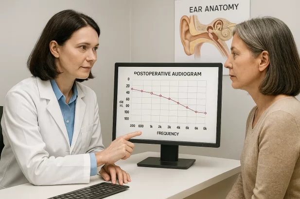 ENT specialist reviewing postoperative audiogram results with a patient