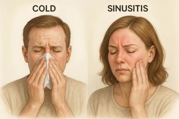 Comparison image showing a person with sinus pressure and another with a common cold