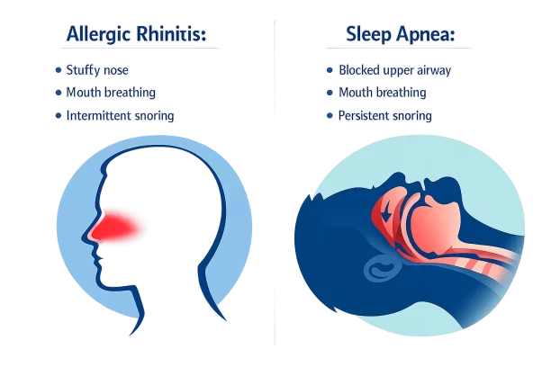 Medical diagram comparing stuffy nose and intermittent snoring in allergic rhinitis with blocked upper airway and persistent snoring in sleep apnea.